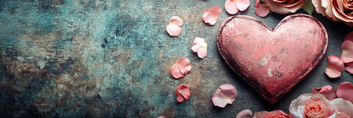 Obraz premium Happy Valentine Day. Template with pink heart on a stone background. Horizontal banner. Copy space. Concept of relationship, love, romance. For wedding invitation, poster, greeting card
