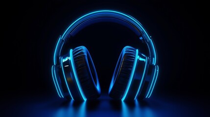 blue neon light headphones on dark background