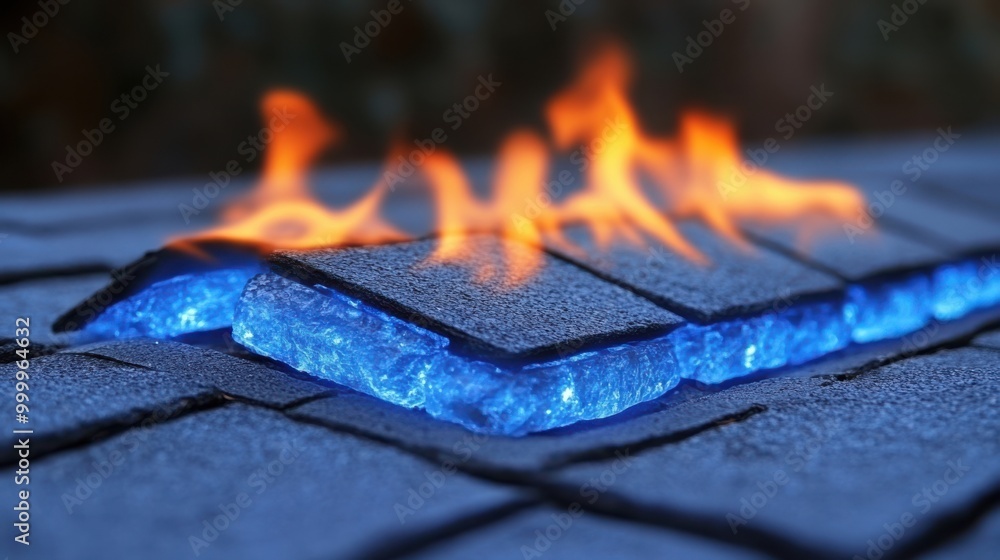 Poster flames ignite a row of blue glowing tiles, creating a striking contrast of warm and cool colors