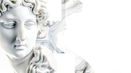 Classical marble statue fused with abstract marble patterns, blending tradition and modernity in conceptual art style. Ideal for promoting art exhibitions, creative projects, or museum branding