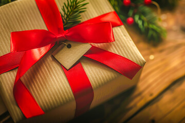 Beautifully wrapped Christmas gift with red ribbon on rustic wooden surface, creating warm and inviting holiday atmosphere. Ideal for Christmas card, seasonal promotions, or gift ideas