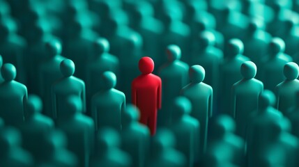 Fototapeta premium a figure of a red human in the crowd of green humans