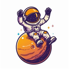 Fototapeta premium astronaut sitting on planet and waving hand cartoon icon illustration