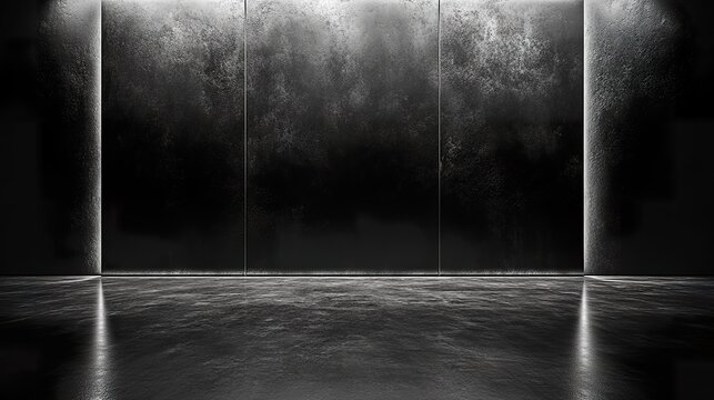 Abstract Dark Empty Studio Room with Smooth Textured Walls and Reflective Floor for Minimalist Design