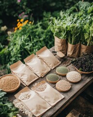A flat lay of organic heirloom seeds for vegetables and grains, packaged in simple, rustic paper bags, with a garden in the background, symbolizing heritage and sustainable farming