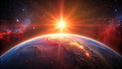 High angle view of red earth with sunlight shining through outer space