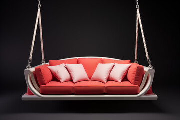 A luxurious, modern swing sofa with soft, plush cushions, suspended by sleek metal chains. lush garden , colorful flowers, greenery,  warm sunlight casting shadows,swing has a wooden canopy for shade.