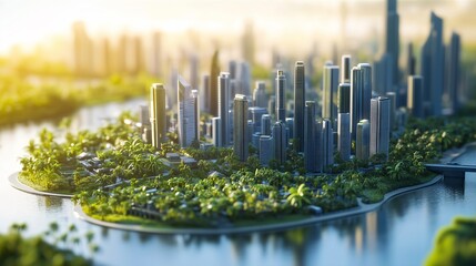 3d miniature model of a megapolis on an island