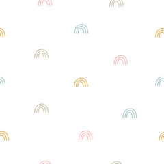 A whimsical pattern featuring small pastel rainbows scattered against a clean white background.