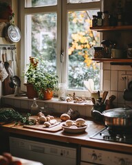 Fototapeta premium A cozy kitchen with organic mushroom-based ingredients like lion's mane and turkey tail, prepared in a healing broth, highlighting their immune-boosting and wellness benefits