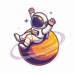 astronaut sitting on planet and waving hand cartoon icon illustration