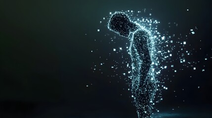 Fototapeta premium A person's body disintegrating into glowing pixels, leaving behind a shell made of tech devices.