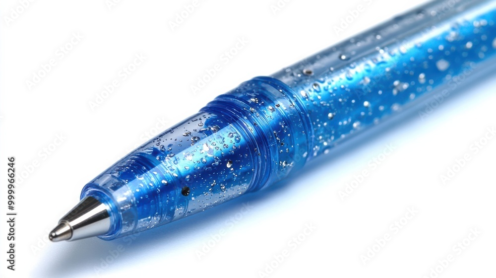 Poster a close-up of a blue pen covered in water droplets, reflecting light and creating a sparkling effect