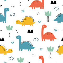 A vibrant, playful pattern featuring colorful cartoon dinosaurs and whimsical trees against a white background.