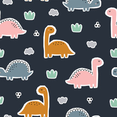A playful dinosaur pattern featuring colorful, cartoonish dinosaurs and small plants against a dark background.