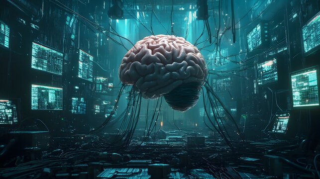 A brain floating in a sea of glowing screens, with wires extending from it like tentacles, attached to devices all around.