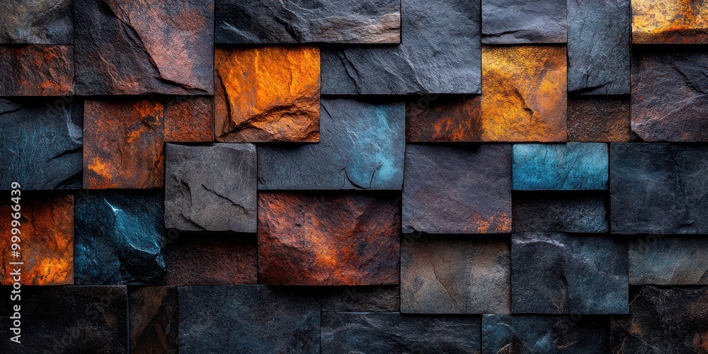 Aufkleber a textured wall of dark and rich hues with irregular stone tiles in a geometric pattern