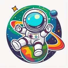 astronaut sitting on planet and waving hand cartoon icon illustration