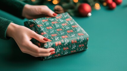 Fototapeta premium Elegant hands adorned with manicured nails, gently cradling a beautifully wrapped holiday gift, festive colors and ribbons accentuating the moment