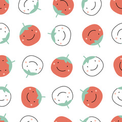 Fototapeta premium A playful pattern featuring smiling fruits—red tomatoes and white round fruits—set against a clean white background.