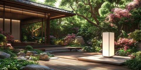A serene Japanese garden with a wooden deck, stone pathways, and lush greenery, illuminated by a glowing lantern