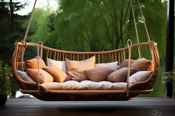 A luxurious, modern swing sofa with soft, plush cushions, suspended by sleek metal chains. lush garden , colorful flowers, greenery,  warm sunlight casting shadows,swing has a wooden canopy for shade.