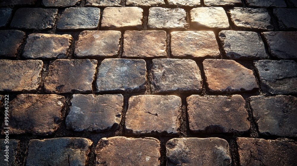 Poster a close-up view of a cobblestone path bathed in warm sunlight, highlighting the texture and natural 