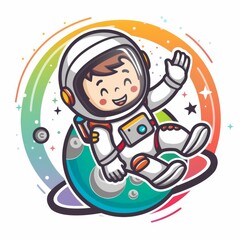 Naklejka premium astronaut sitting on planet and waving hand cartoon icon illustration