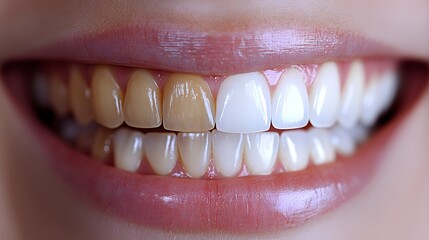 Fototapeta premium Split-screen image of teeth before and after whitening treatment, showing enhanced color and shine, Realistic Style, Soft Lighting, High Detail
