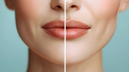 Transformation of a woman's mouth region with visible wrinkles before treatment and smooth, firm skin after wrinkle removal process