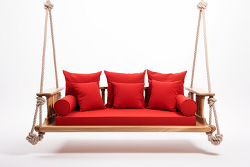  A sleek, modern white swing sofa with smooth cushions and a minimalist frame, hanging from a sturdy wooden beam. The swing is set in a bright, sunlit outdoor space with clean