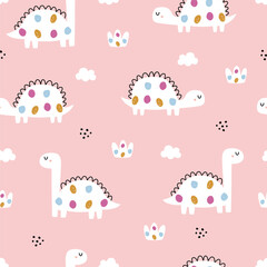 A whimsical pattern featuring colorful dinosaurs and clouds on a soft pink background, perfect for children's decor or playful design themes.