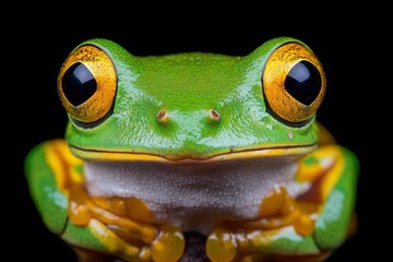 Closeup Head of Male Flying frog, Javan tree frog closeup image, rhacophorus reinwartii male closeup head on black background,generative ai
