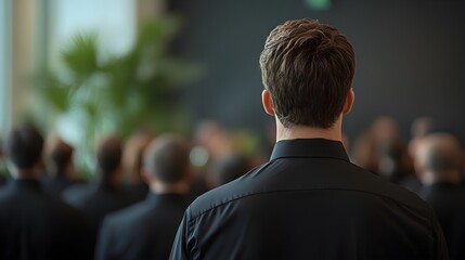 Elegance embodied in black, highlighting the authority of community leaders wearing black shirts, selective focus, theme, Leadership Meeting, style, vibrant, technique, Overlay, backdrop, town hall