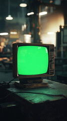 vertical close-up of artistic 3d rendered old classic television with green screen on the side of composition surrounded in ruined empty room dynamic cinematic lighting chroma key tv footage