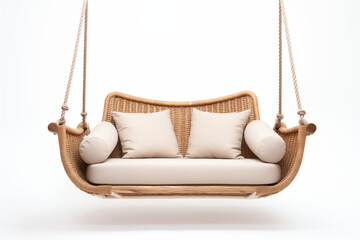  A sleek, modern white swing sofa with smooth cushions and a minimalist frame, hanging from a sturdy wooden beam. The swing is set in a bright, sunlit outdoor space with clean