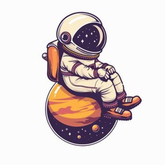 astronaut sitting on planet and waving hand cartoon icon illustration