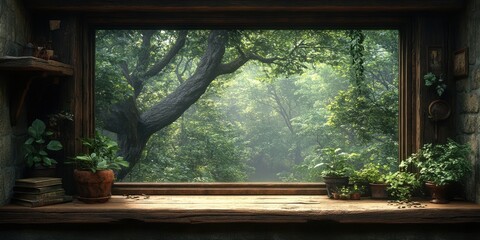 A Rustic Window with a View of a Lush Forest, Framed by Sunlight and Potted Plants