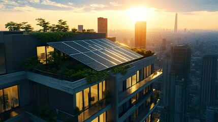 Solar Panel Roof Apartment Building on Cityscape. High-rise Modern Building with Solar Battery Station on Flat Roof in Green City at sunset. Solar Energy Efficiency.