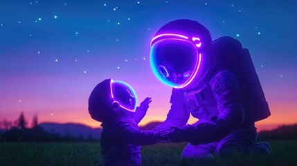 Obraz premium Father and child astronauts under a starry neon sky at dusk
