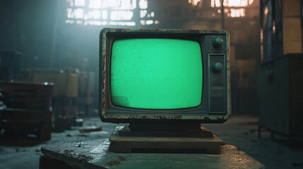 television old classical tv realistic 3d rendered in factory industrial ruined aged look landscape interior space abandoned warehouse chrome key blank green screen