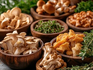 Fototapeta premium A close-up of organic mushroom-based ingredients such as reishi, shiitake, and lion mane, arranged in rustic wooden bowls with fresh herbs, symbolizing their adaptogenic and health-boosting properties