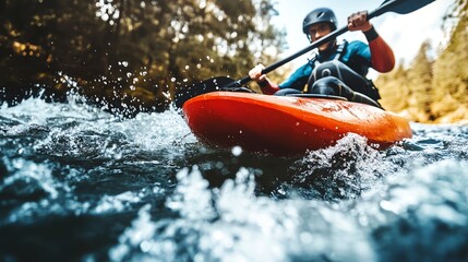 A man kayaks through whitewater rapids.