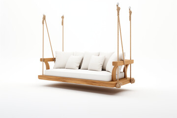 white swing sofa with no embellishments, suspended by thin, nearly invisible metal chains. The background is a blank white space, with the focus entirely on elegant simplicity of  sofa&rsquo;s clean lines