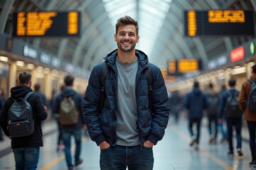 Fototapeta premium person traveler standing at the train terminal, generative AI