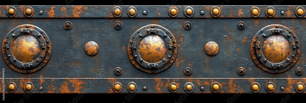Poster a weathered metal panel with circular indentations and rivets, showcasing the effects of rust and ti