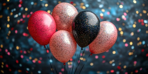 A cluster of colorful balloons adorned with confetti,  floating against a backdrop of sparkling lights.