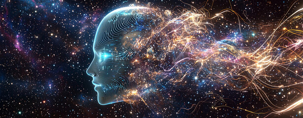 futuristic AI face dissolving into cosmic landscape, surrounded by vibrant colors and swirling energy, evokes sense of wonder and exploration