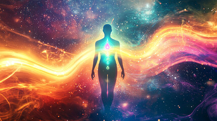 surreal cosmic landscape featuring silhouette of person surrounded by vibrant colors and swirling energy. scene evokes sense of connection to universe and inner harmony