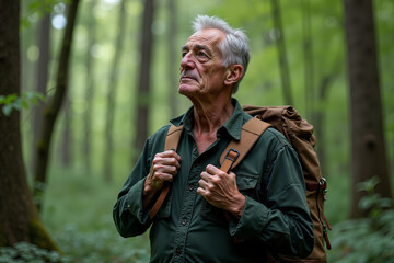 Obraz premium person traveler standing at the deep jungle tree, generative AI